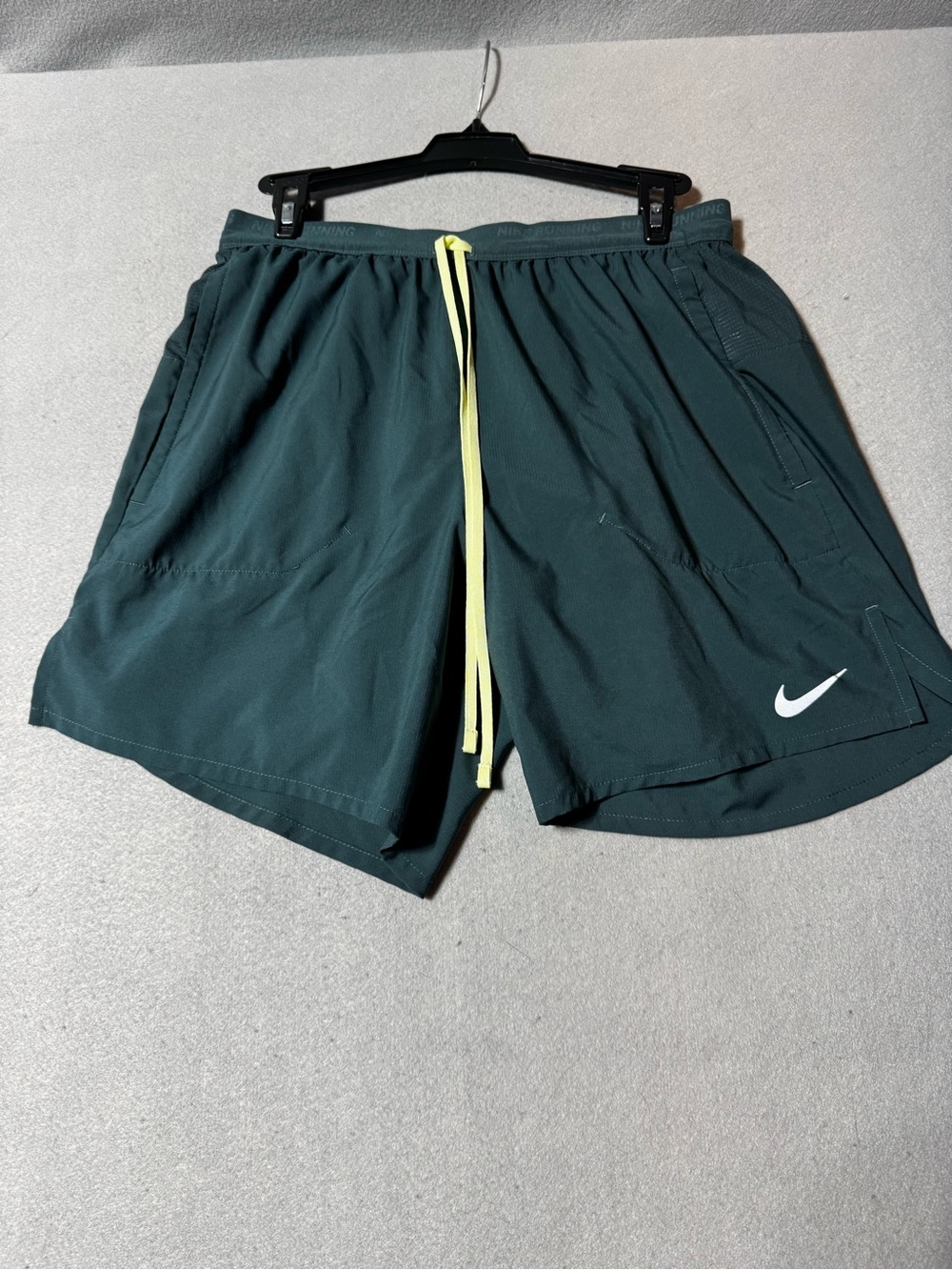 Nike Men's Dark Green Running Shorts with Neon Drawstring Size M